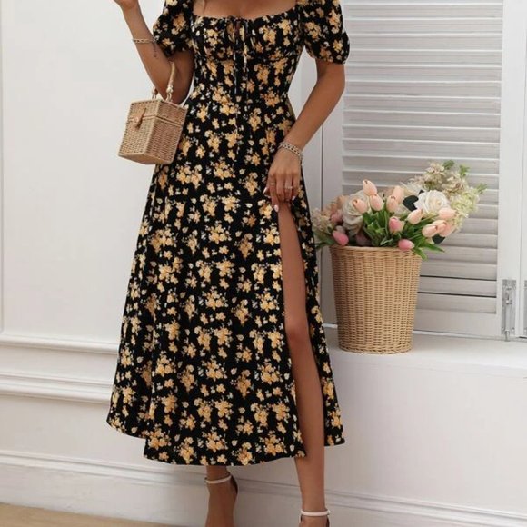 Black Allover Floral Knot Split Thigh A-line Dress - Picture 3 of 4